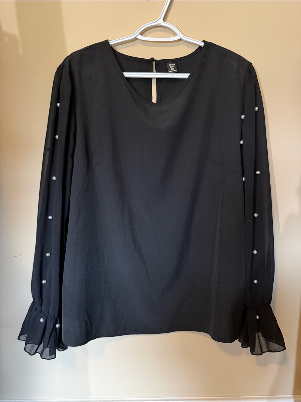 SHEIN Black Chiffon Pearl-Trim Long Sleeve Blouse